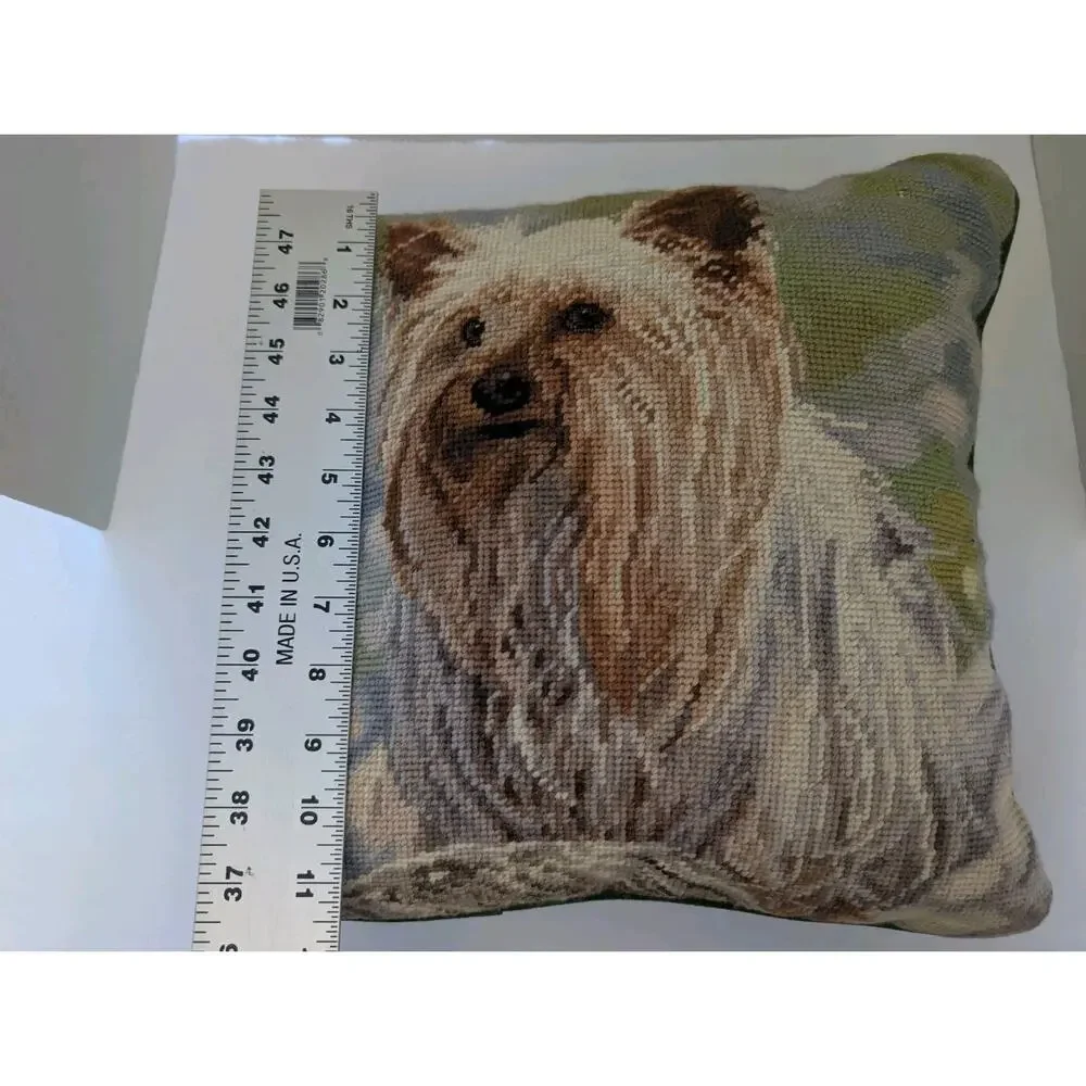 Vintage Needlepoint Yorkshire Terrier Dog Pillow Decorative Canine Portrait